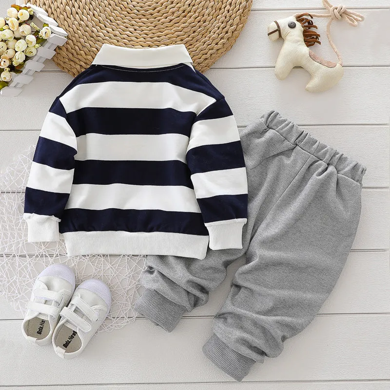 2-piece Toddler Boy Stripe Polo shirt and Grey Pants Set