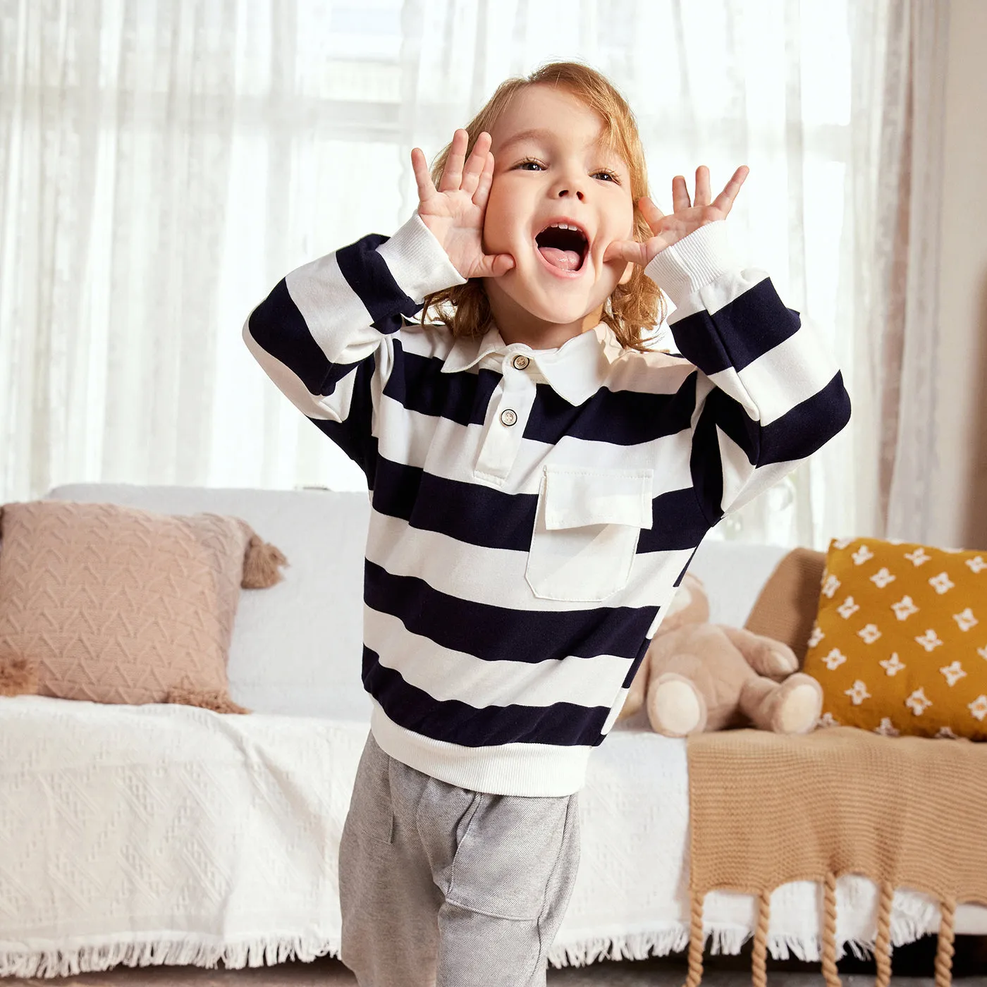 2-piece Toddler Boy Stripe Polo shirt and Grey Pants Set