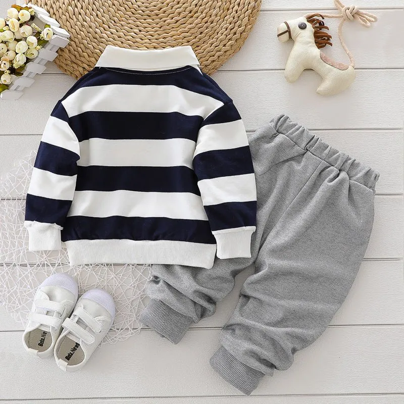 2-piece Toddler Boy Stripe Polo shirt and Grey Pants Set