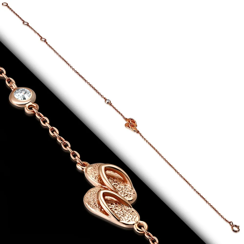 925 Sterling Silver Rose Gold-Tone Bezel-Set CZ Flip-Flops Slippers Anklet Bracelet