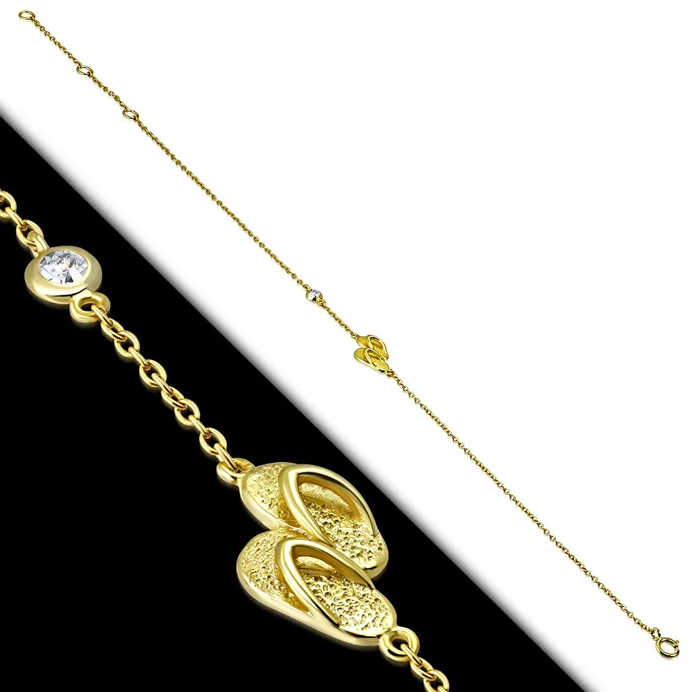 925 Sterling Silver Yellow Gold-Tone Bezel-Set CZ Flip-Flops Slippers Anklet Bracelet