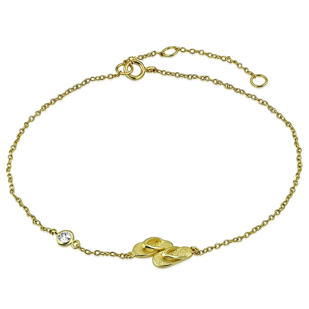 925 Sterling Silver Yellow Gold-Tone Bezel-Set CZ Flip-Flops Slippers Anklet Bracelet