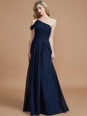 A-Line One-Shoulder Floor-Length Chiffon Sleeveless Bridesmaid Dresses