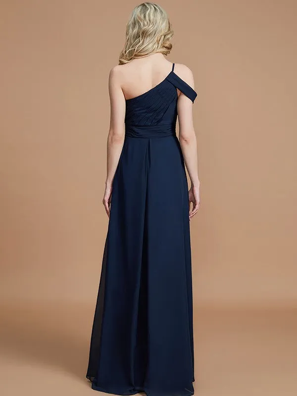 A-Line One-Shoulder Floor-Length Chiffon Sleeveless Bridesmaid Dresses