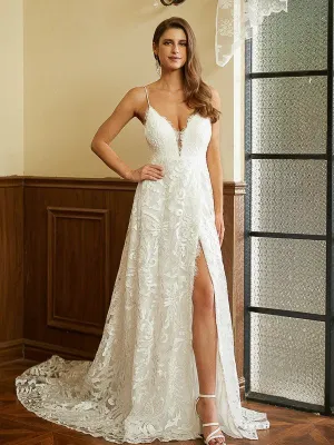 A-Line/Princess Lace V-neck Sleeveless Chapel Train Wedding Dresses