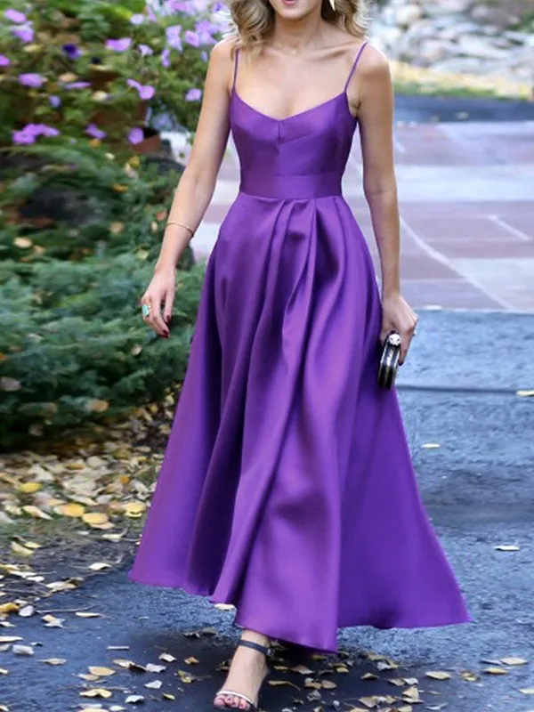 A-Line/Princess Satin Ruffles Spaghetti Straps Sleeveless Ankle-Length Bridesmaid Dresses