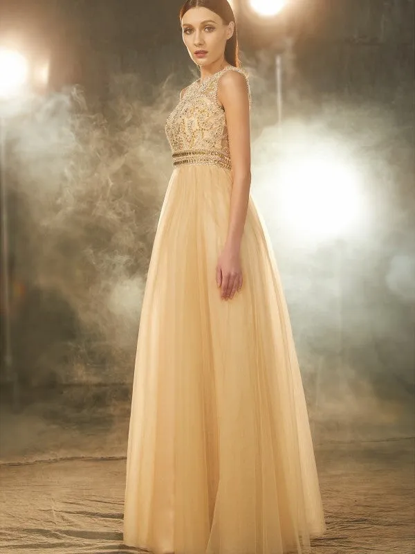 A-Line/Princess Scoop Beading Sleeveless Floor-Length Tulle Dresses