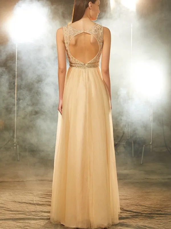 A-Line/Princess Scoop Beading Sleeveless Floor-Length Tulle Dresses