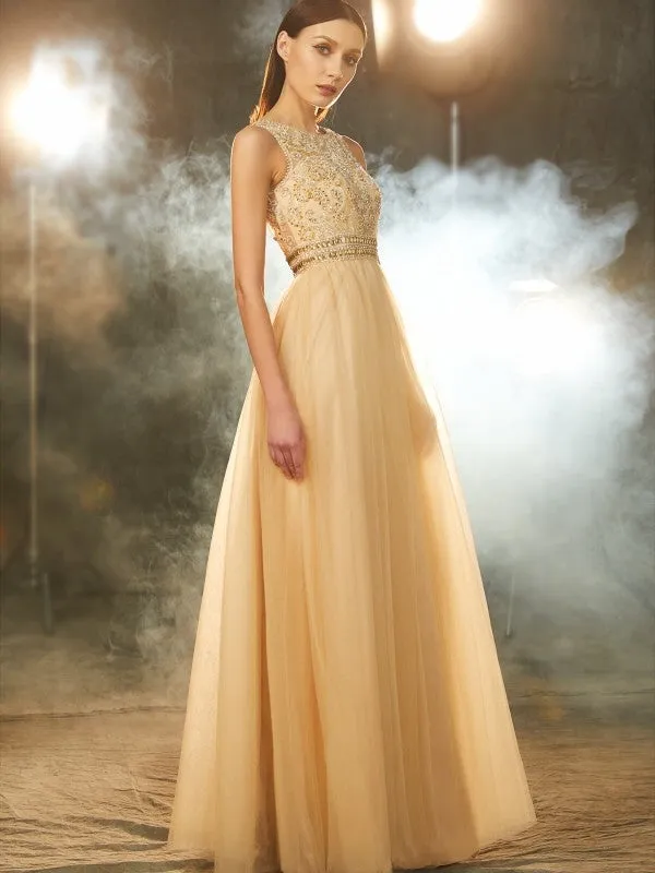 A-Line/Princess Scoop Beading Sleeveless Floor-Length Tulle Dresses