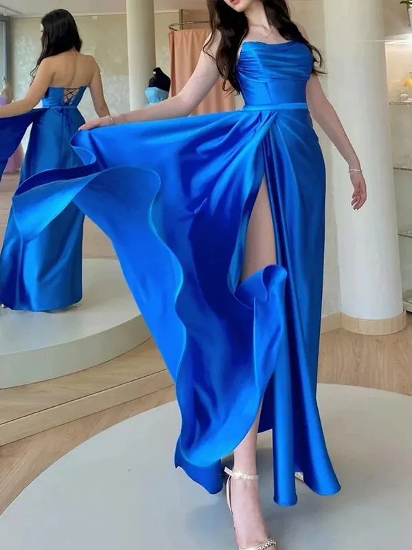 A-Line/Princess Silk like Satin Ruched Strapless Sleeveless Floor-Length Dresses