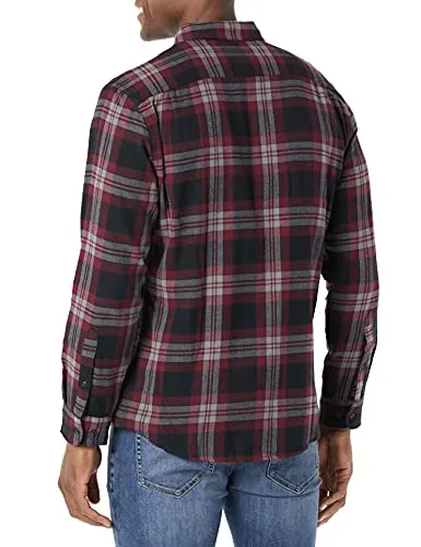 Amazon Essentials Men's Slim-fit Long-Sleeve Solid Flannel Shirt, Black/Burgundy Plaid, Medium