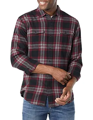 Amazon Essentials Men's Slim-fit Long-Sleeve Solid Flannel Shirt, Black/Burgundy Plaid, Medium