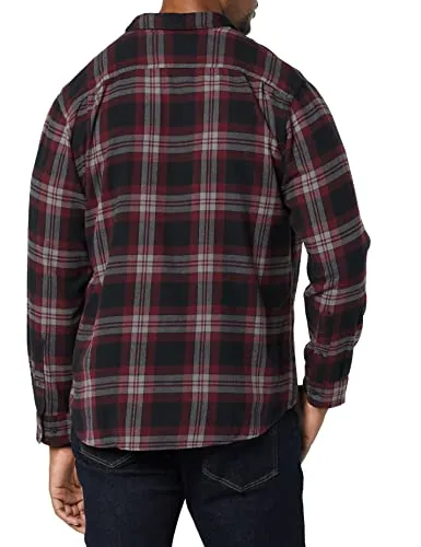 Amazon Essentials Men's Slim-fit Long-Sleeve Solid Flannel Shirt, Black/Burgundy Plaid, Medium