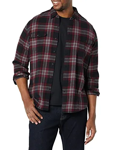 Amazon Essentials Men's Slim-fit Long-Sleeve Solid Flannel Shirt, Black/Burgundy Plaid, Medium