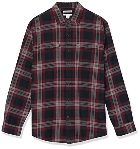 Amazon Essentials Men's Slim-fit Long-Sleeve Solid Flannel Shirt, Black/Burgundy Plaid, Medium