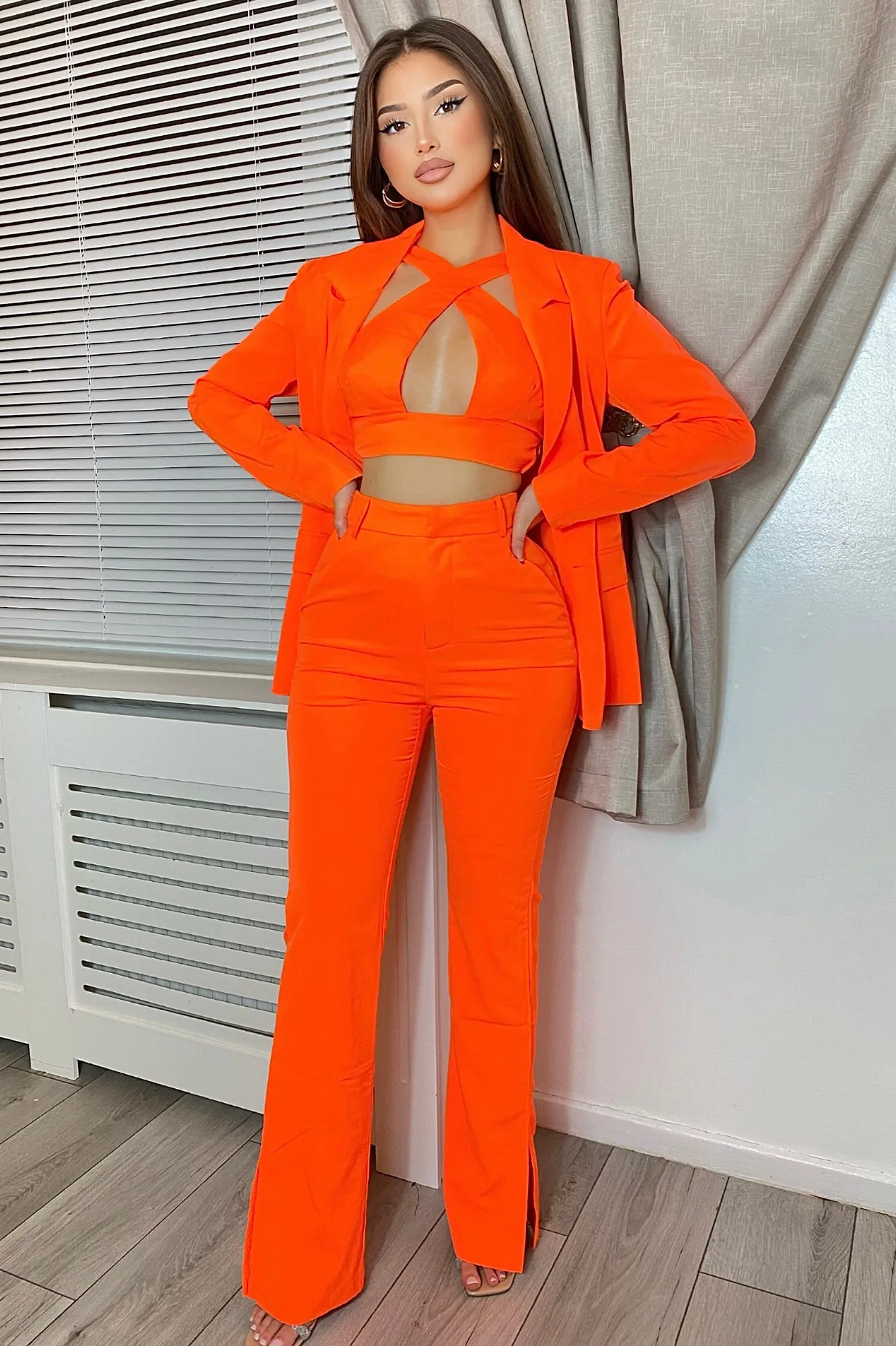 Angelina 3 Piece Blazer Pant Set - Neon Orange