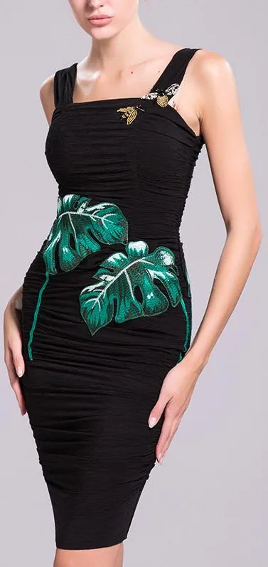 Banana Leaf Embroidered, Bee Embellished Ruched Fitted Dress in Black