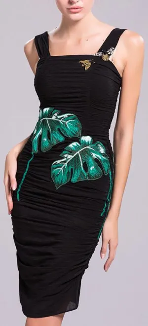 Banana Leaf Embroidered, Bee Embellished Ruched Fitted Dress in Black