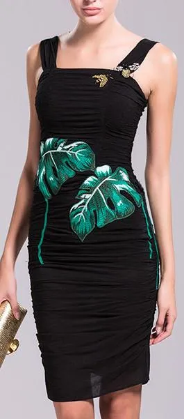 Banana Leaf Embroidered, Bee Embellished Ruched Fitted Dress in Black