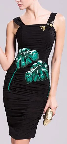 Banana Leaf Embroidered, Bee Embellished Ruched Fitted Dress in Black