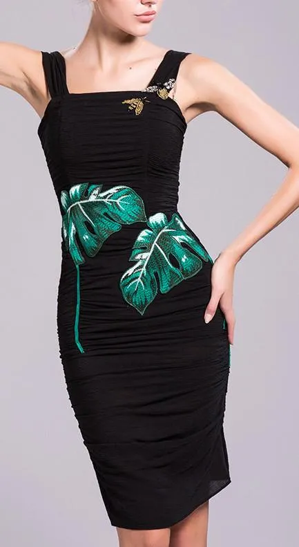 Banana Leaf Embroidered, Bee Embellished Ruched Fitted Dress in Black