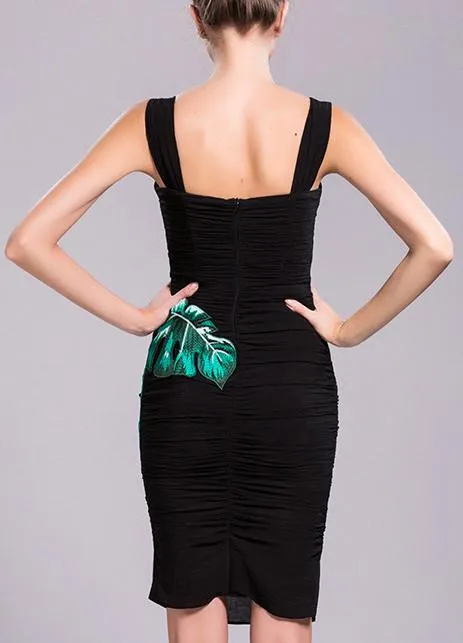 Banana Leaf Embroidered, Bee Embellished Ruched Fitted Dress in Black