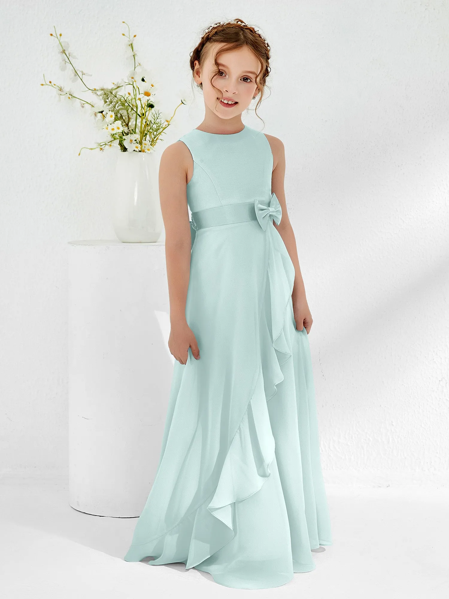 Bateau Neckline Ruffle Junior Bridesmaid Gowns Mist