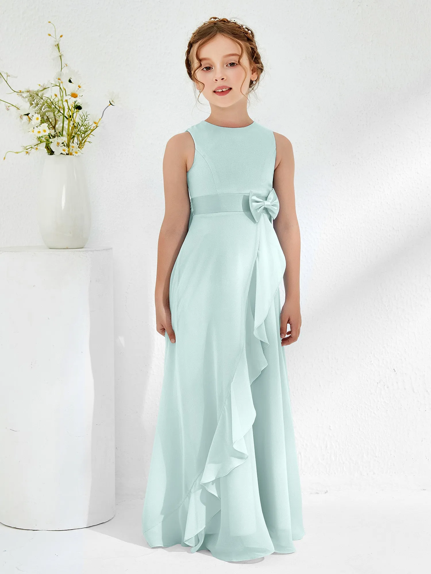 Bateau Neckline Ruffle Junior Bridesmaid Gowns Mist
