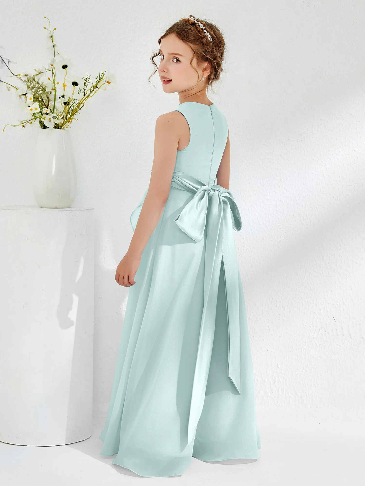 Bateau Neckline Ruffle Junior Bridesmaid Gowns Mist