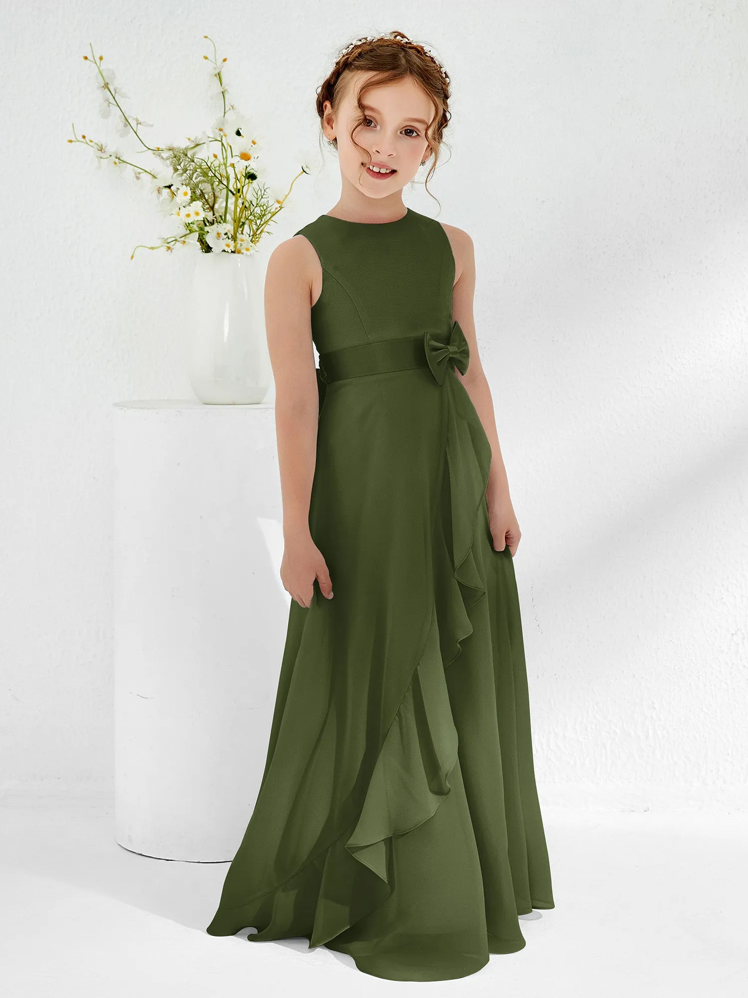 Bateau Neckline Ruffle Junior Bridesmaid Gowns Olive Green