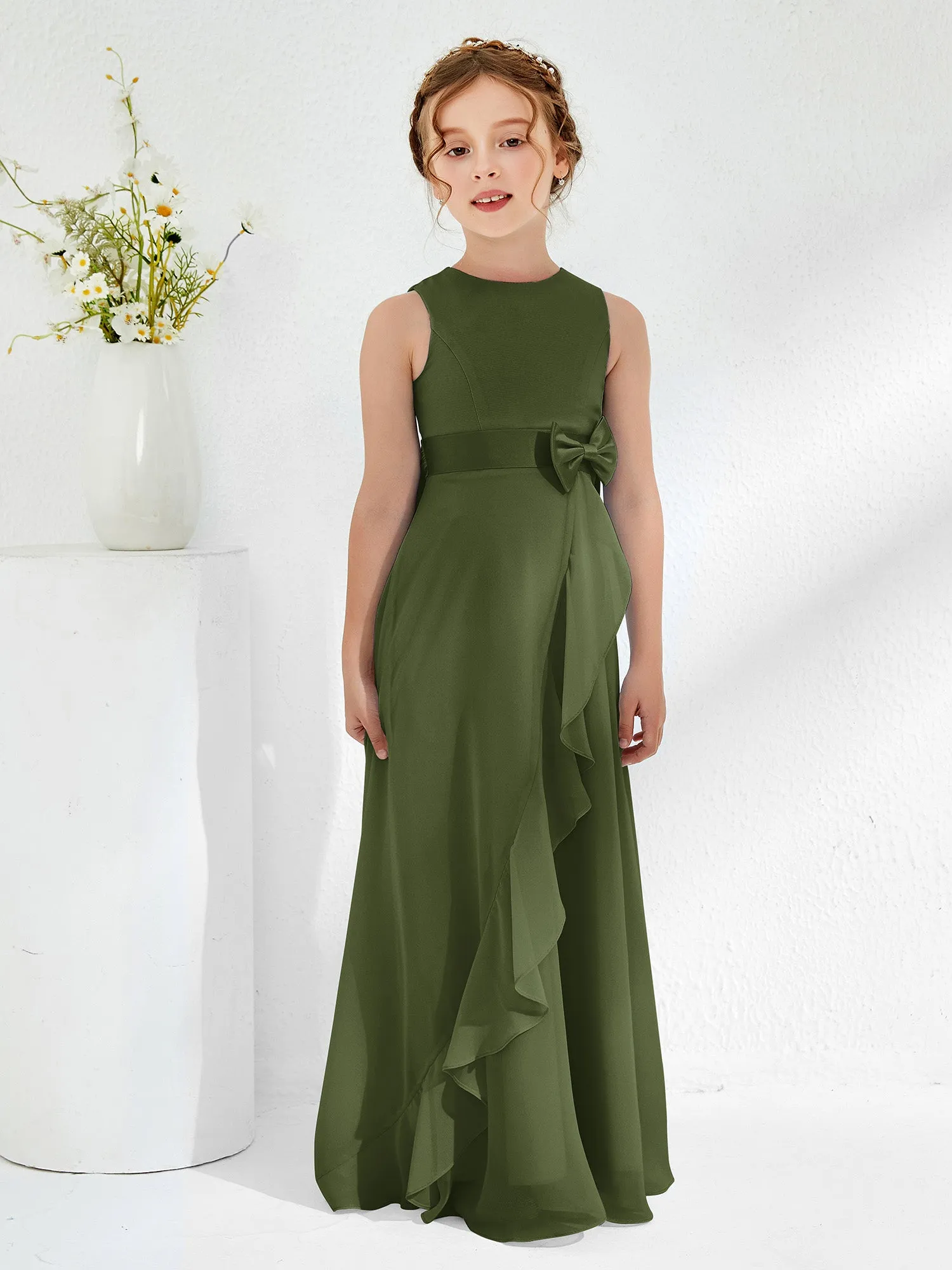 Bateau Neckline Ruffle Junior Bridesmaid Gowns Olive Green