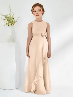 Bateau Neckline Ruffle Junior Bridesmaid Gowns Peach