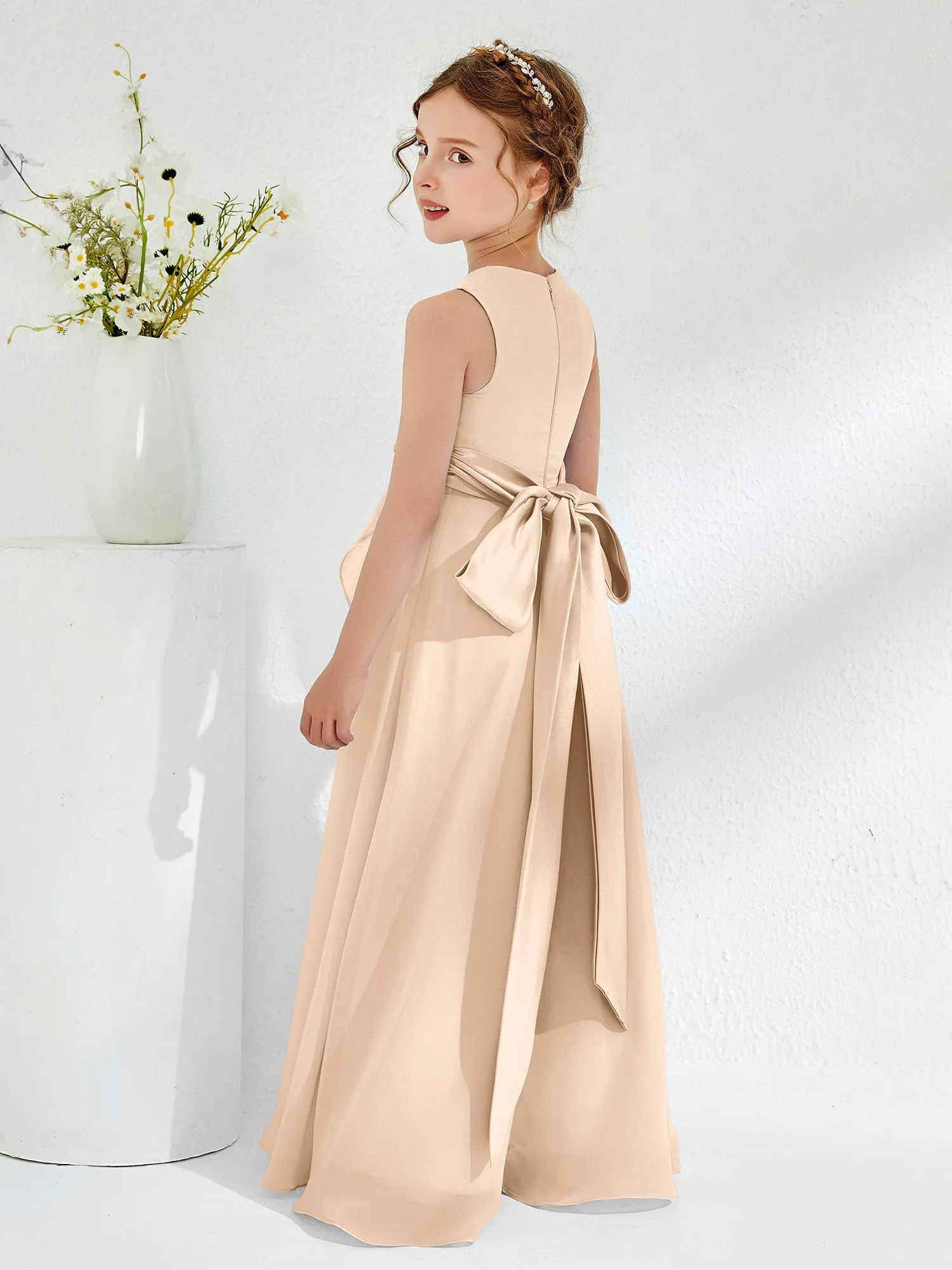 Bateau Neckline Ruffle Junior Bridesmaid Gowns Peach