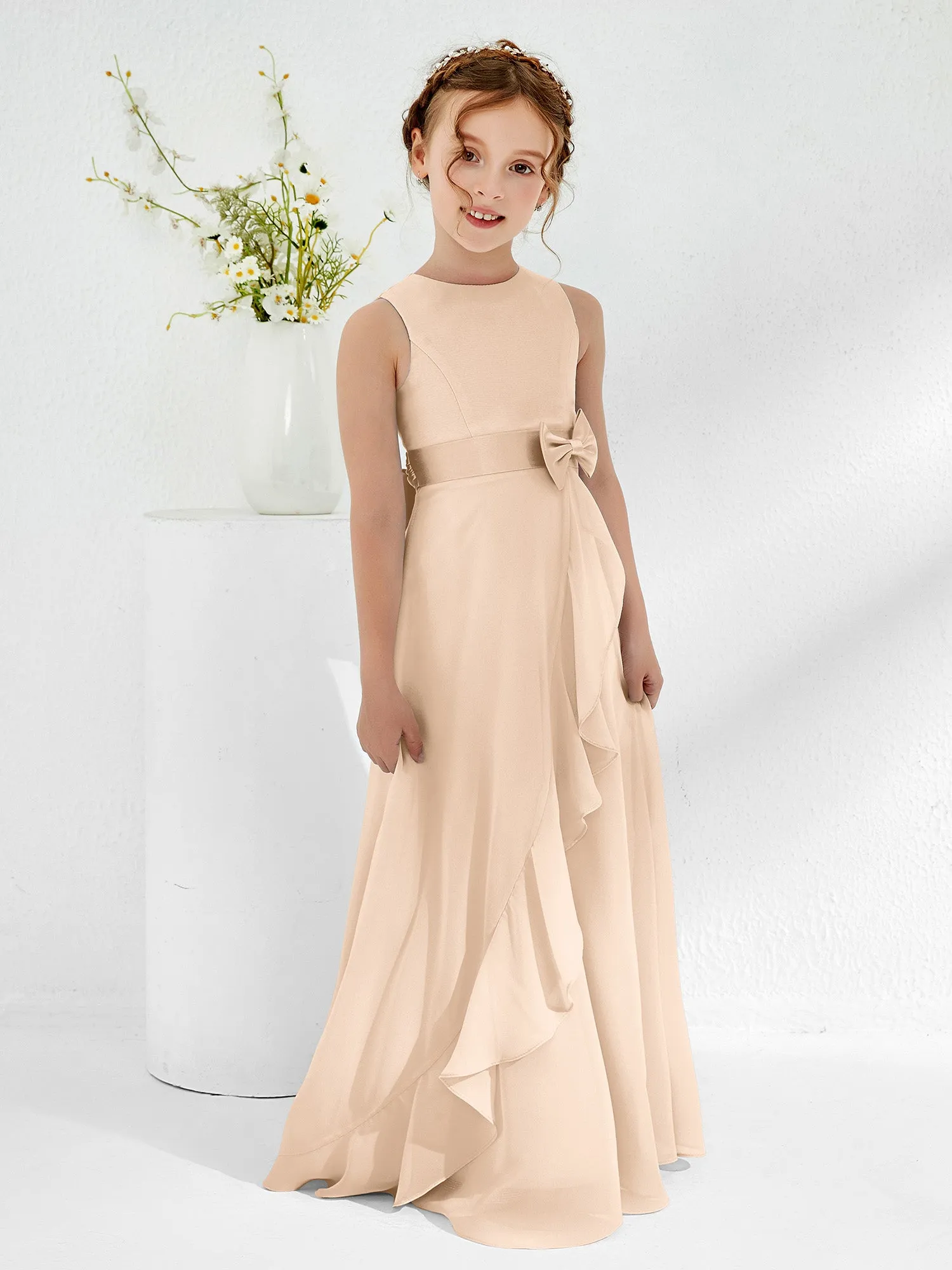 Bateau Neckline Ruffle Junior Bridesmaid Gowns Peach