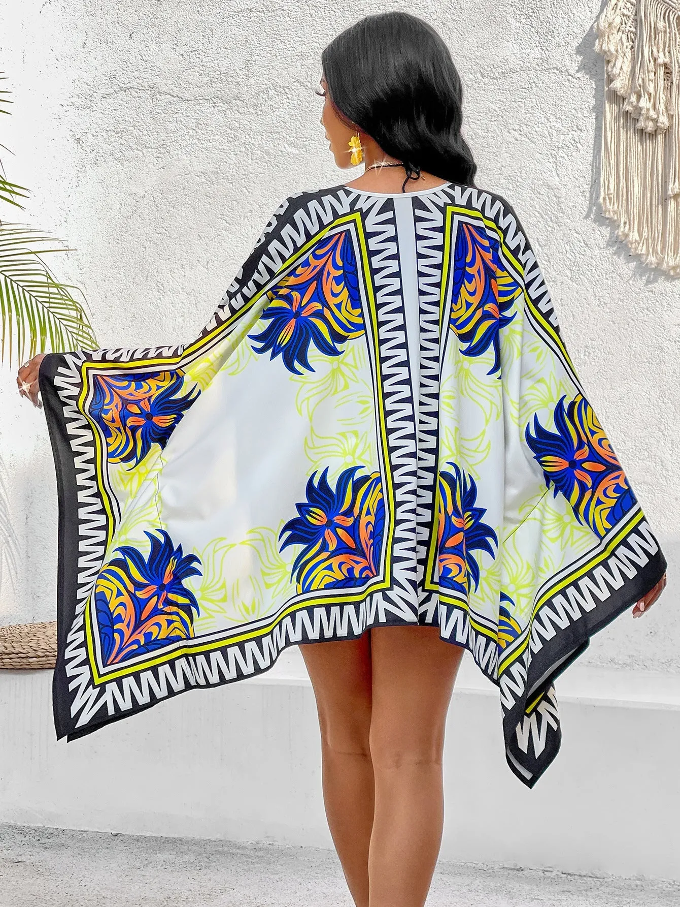 Beach Tribal Print 2-Piece Set with Board Shorts & Kimono Cover-Up