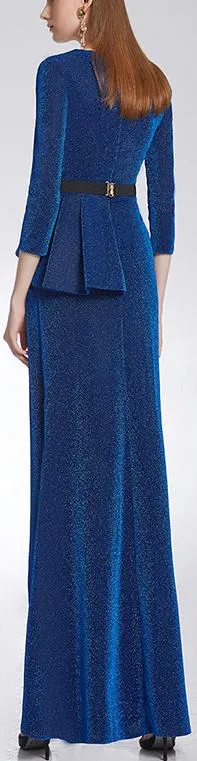 Belted Blue Ruffle V-Neck Gown