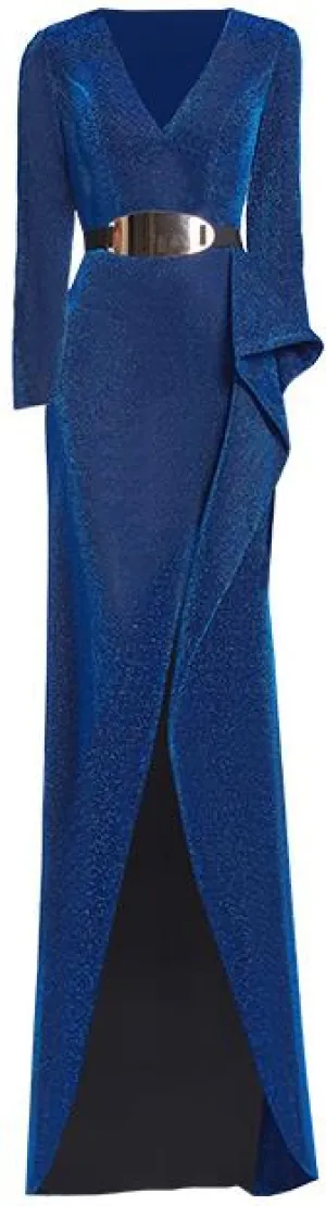 Belted Blue Ruffle V-Neck Gown