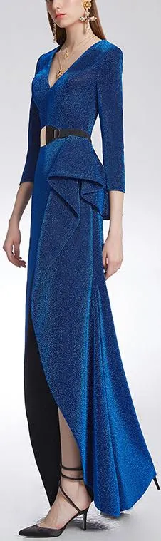 Belted Blue Ruffle V-Neck Gown