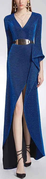 Belted Blue Ruffle V-Neck Gown
