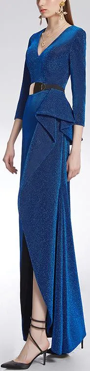Belted Blue Ruffle V-Neck Gown