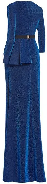 Belted Blue Ruffle V-Neck Gown