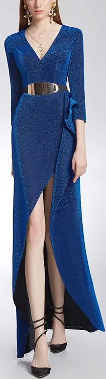 Belted Blue Ruffle V-Neck Gown