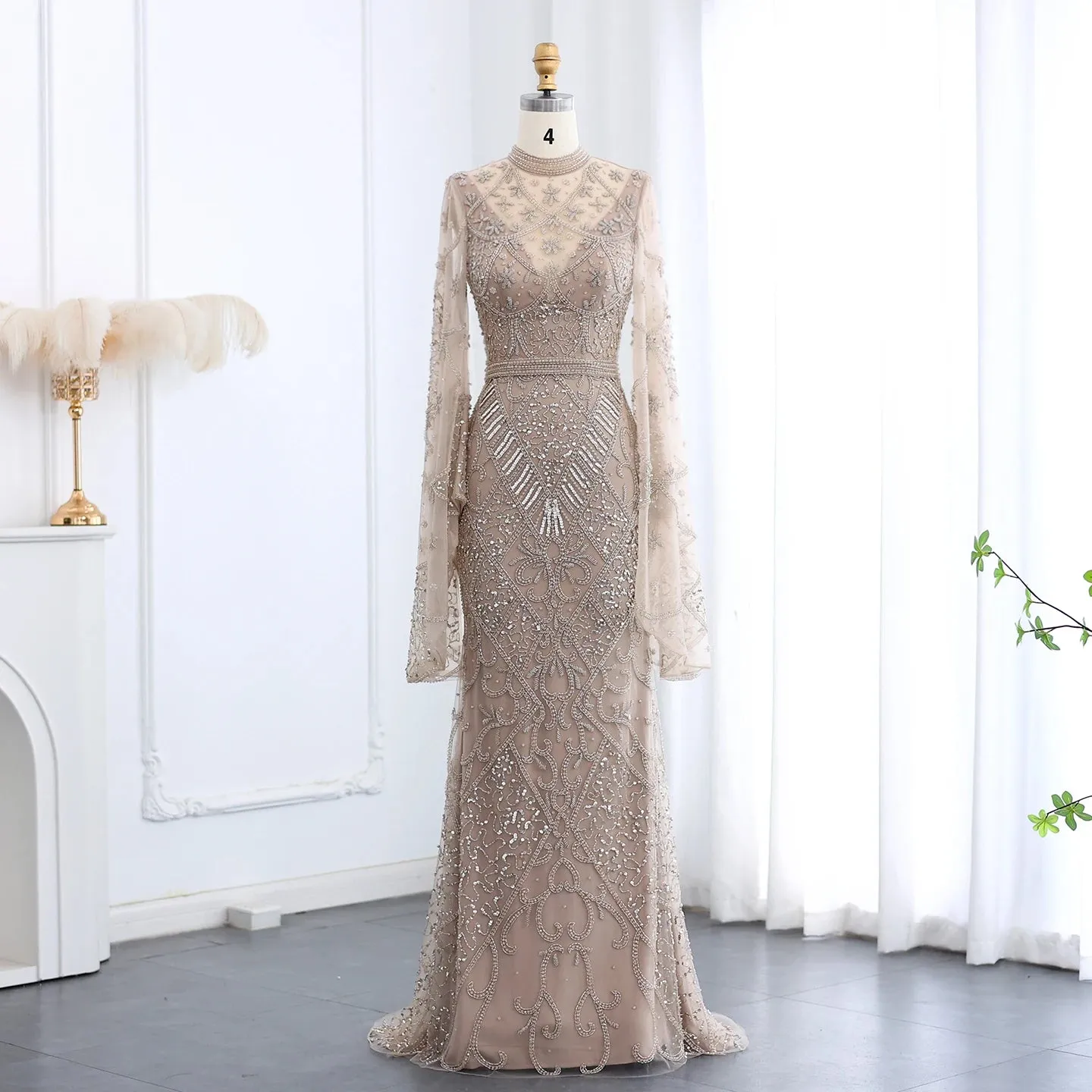 Black Beaded Flare Long Sleeves High Neck Gowns
