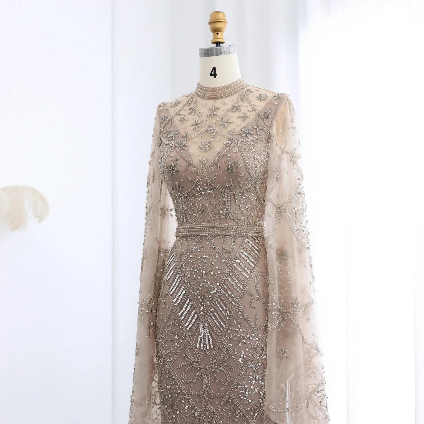 Black Beaded Flare Long Sleeves High Neck Gowns