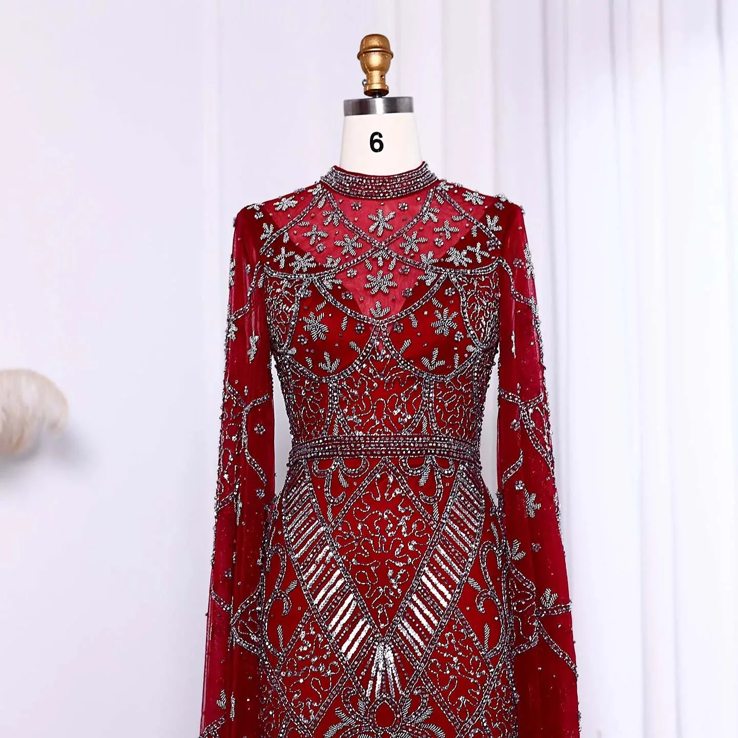 Black Beaded Flare Long Sleeves High Neck Gowns