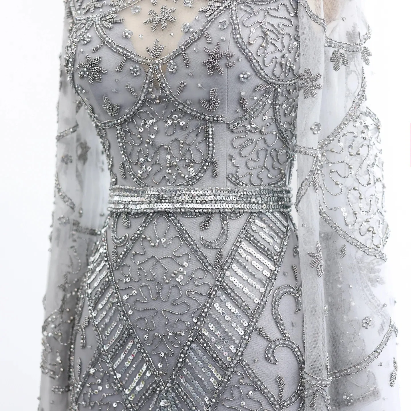 Black Beaded Flare Long Sleeves High Neck Gowns