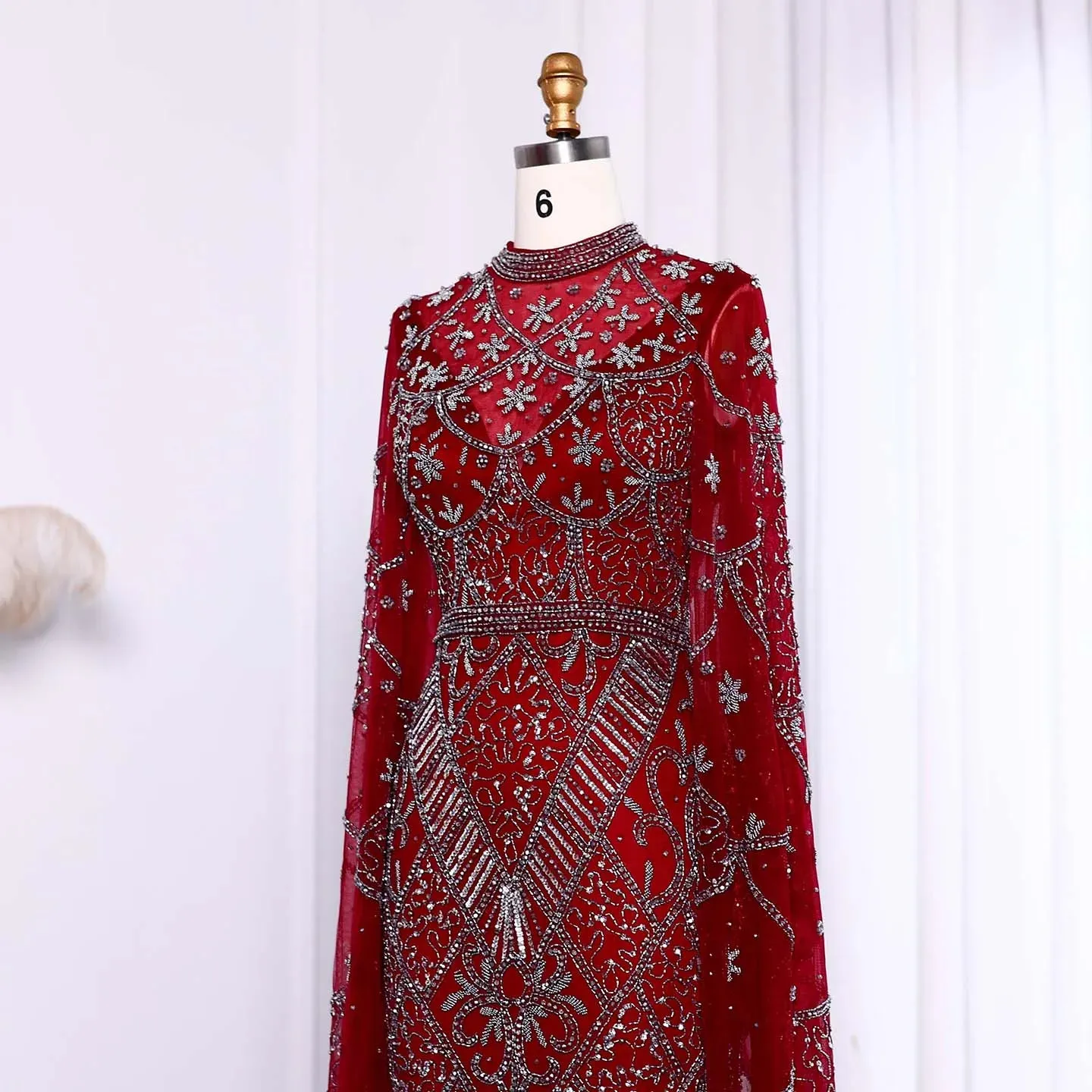 Black Beaded Flare Long Sleeves High Neck Gowns