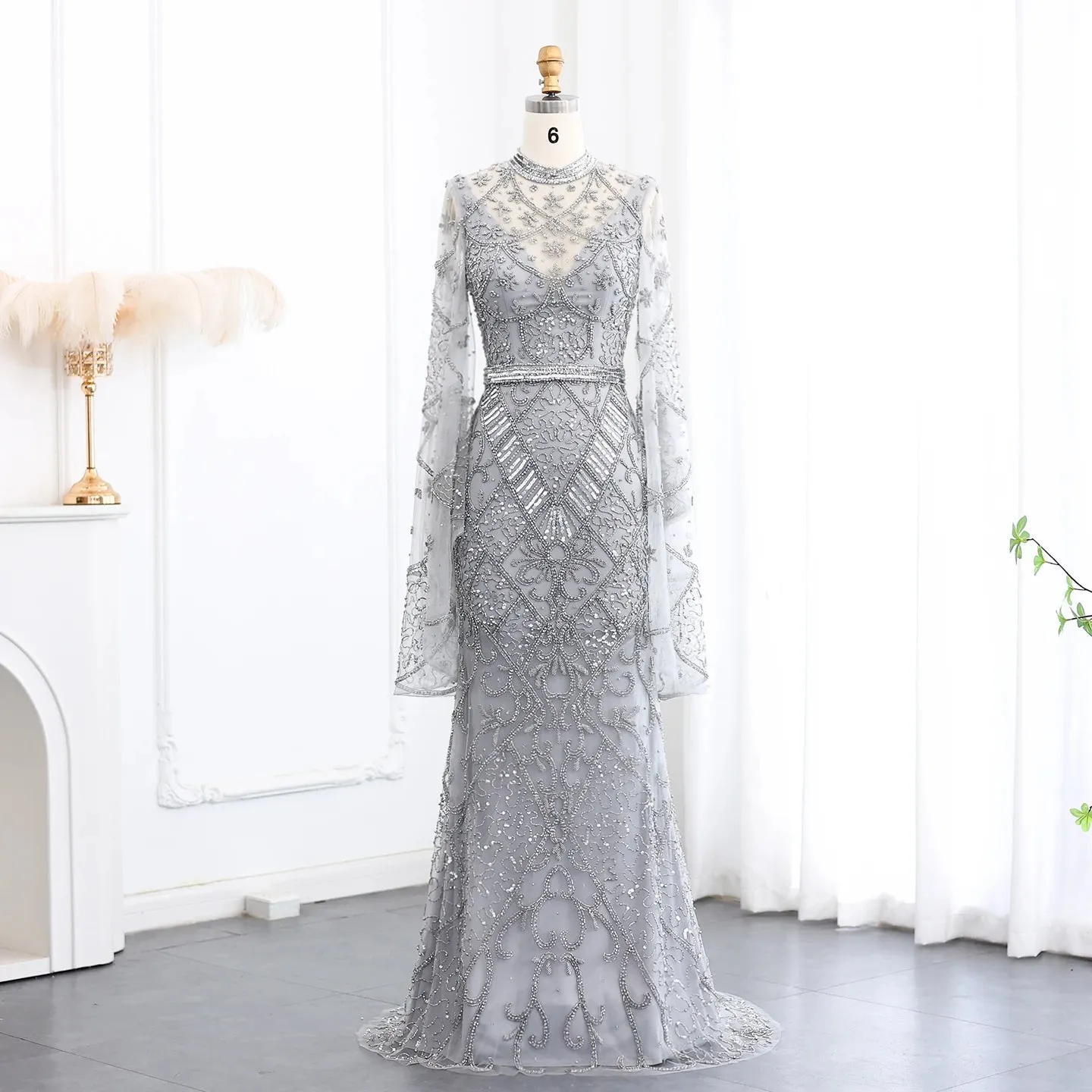 Black Beaded Flare Long Sleeves High Neck Gowns