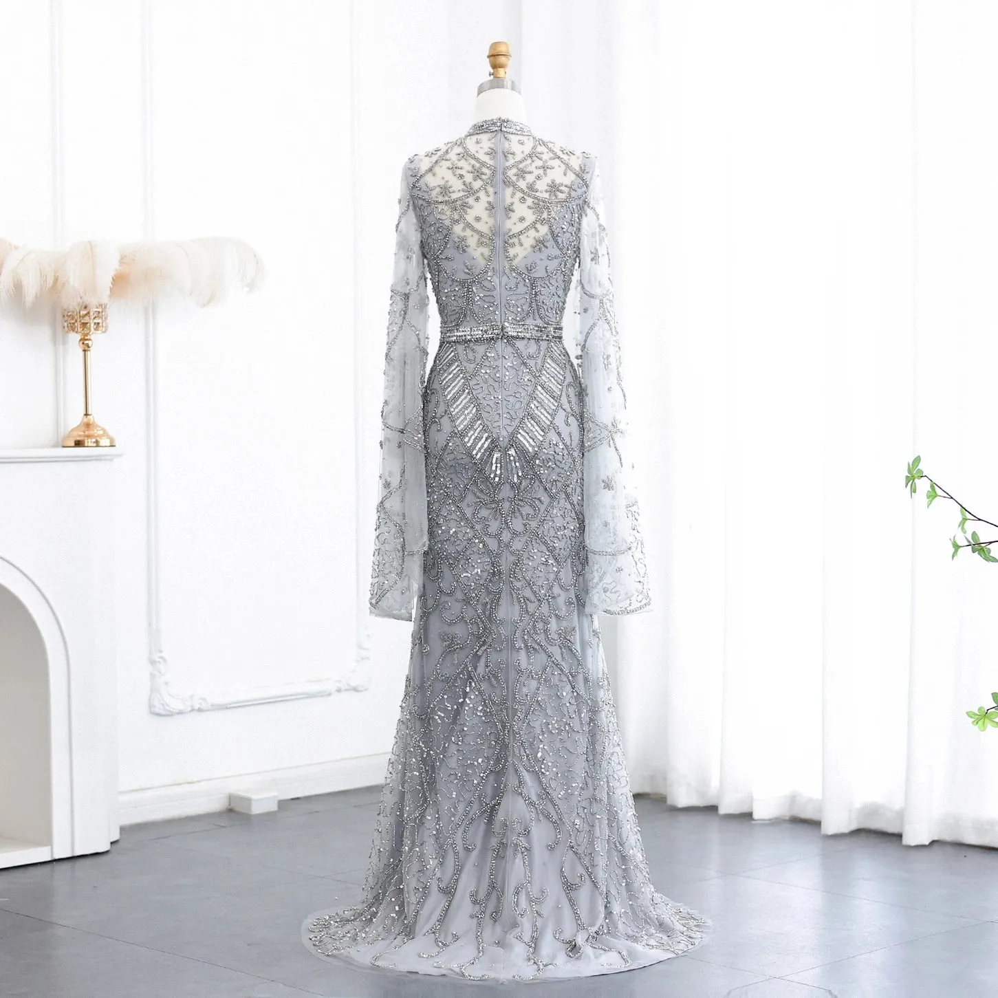Black Beaded Flare Long Sleeves High Neck Gowns