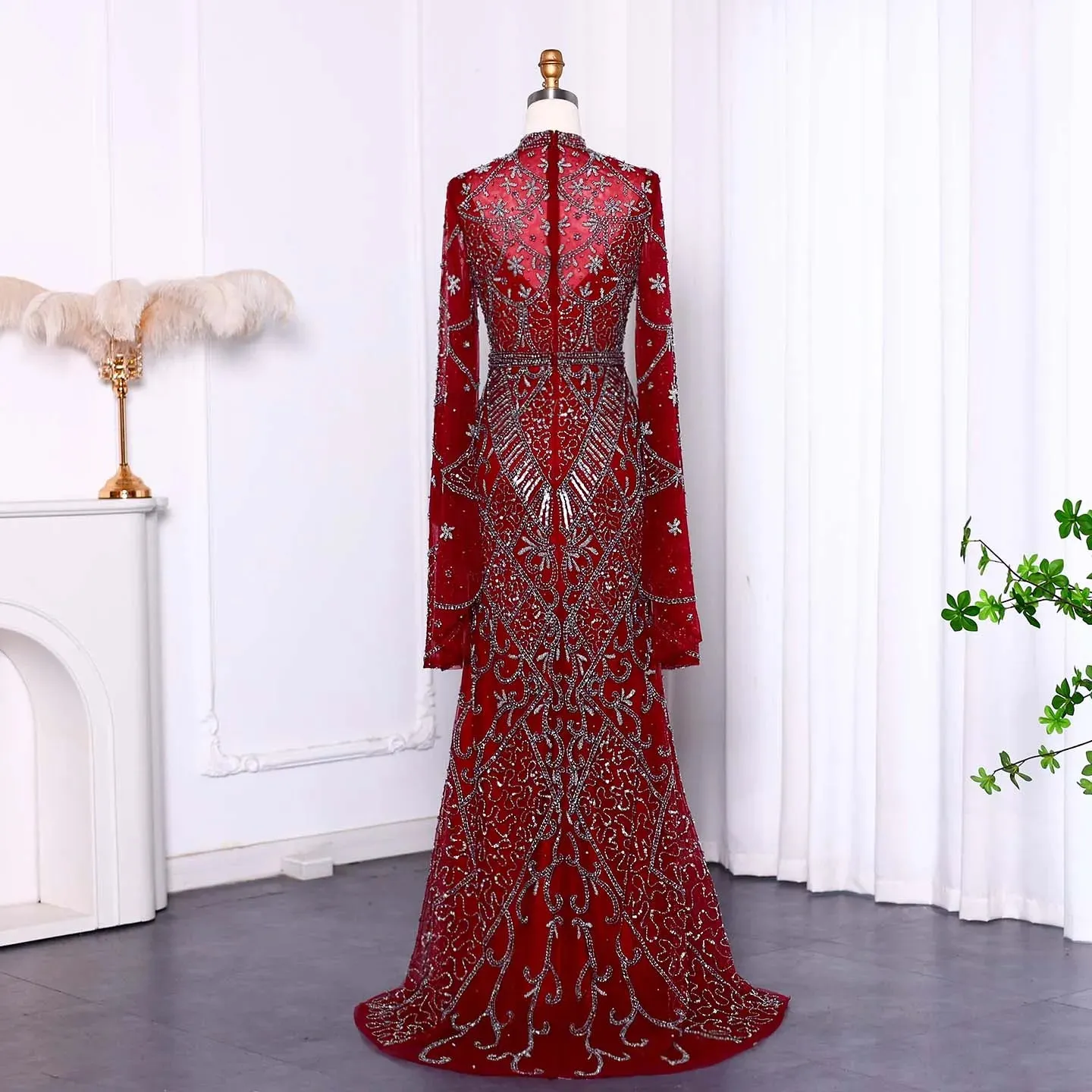 Black Beaded Flare Long Sleeves High Neck Gowns
